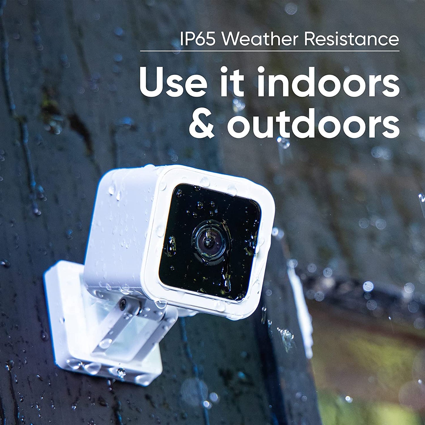 Cam v3 mounted to an exterior wall with water drops all over it.