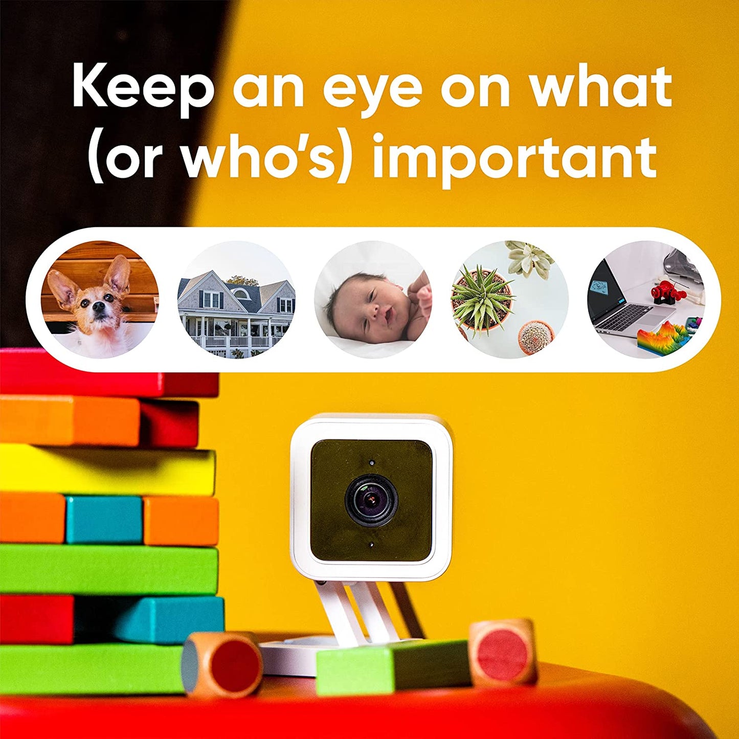 Camera with small circle images of what the camera could monitor. Pet, house, baby, garden, desk.