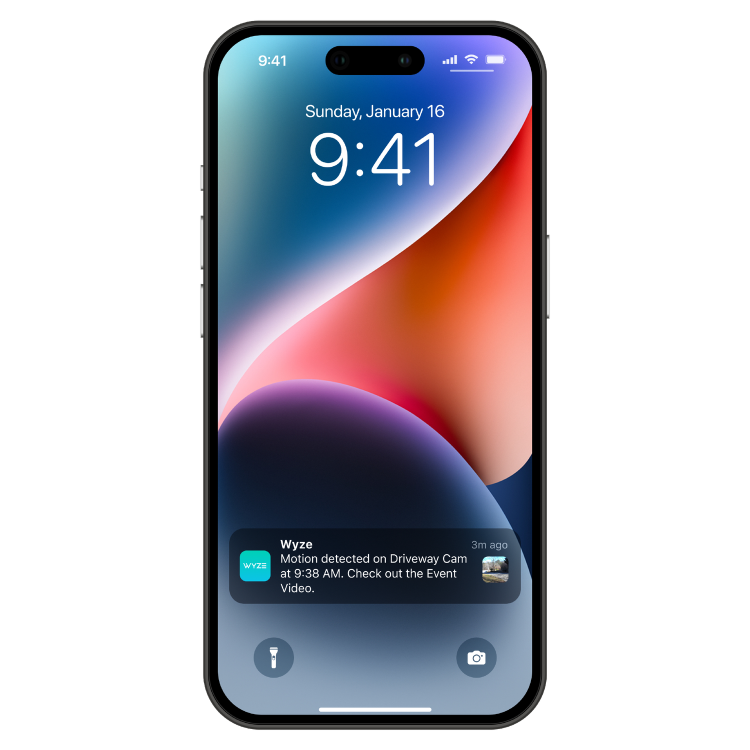 Smartphone with Wyze notification on the lock screen.