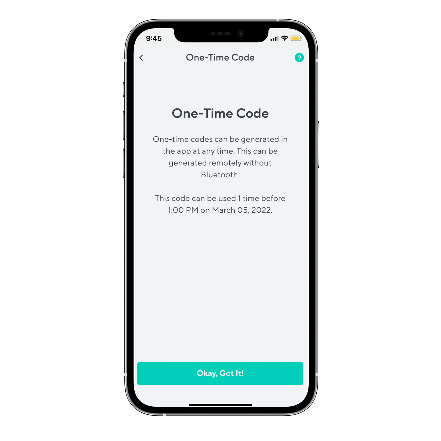 in app one time code screen