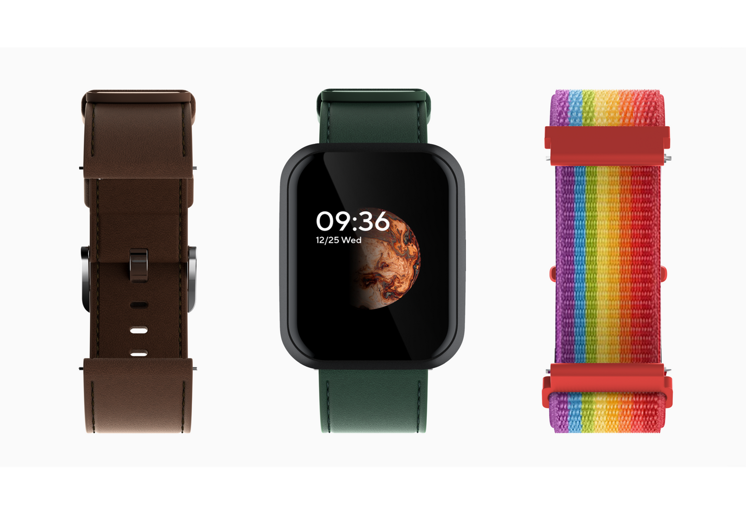 Wyze watch 44 with three different watch bands in brown, green, and rainbow