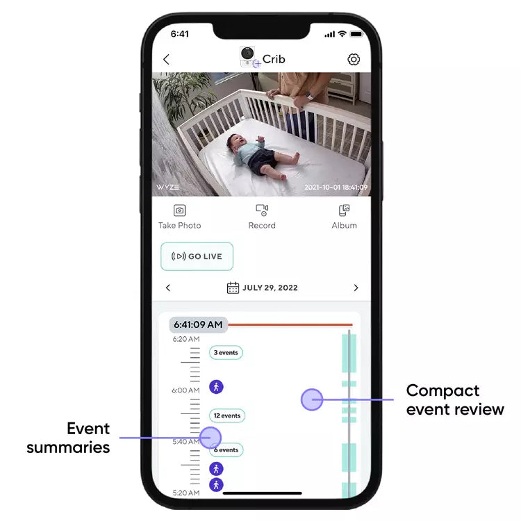 Cam OG's playback timeline with labelled events inside the Wyze app.