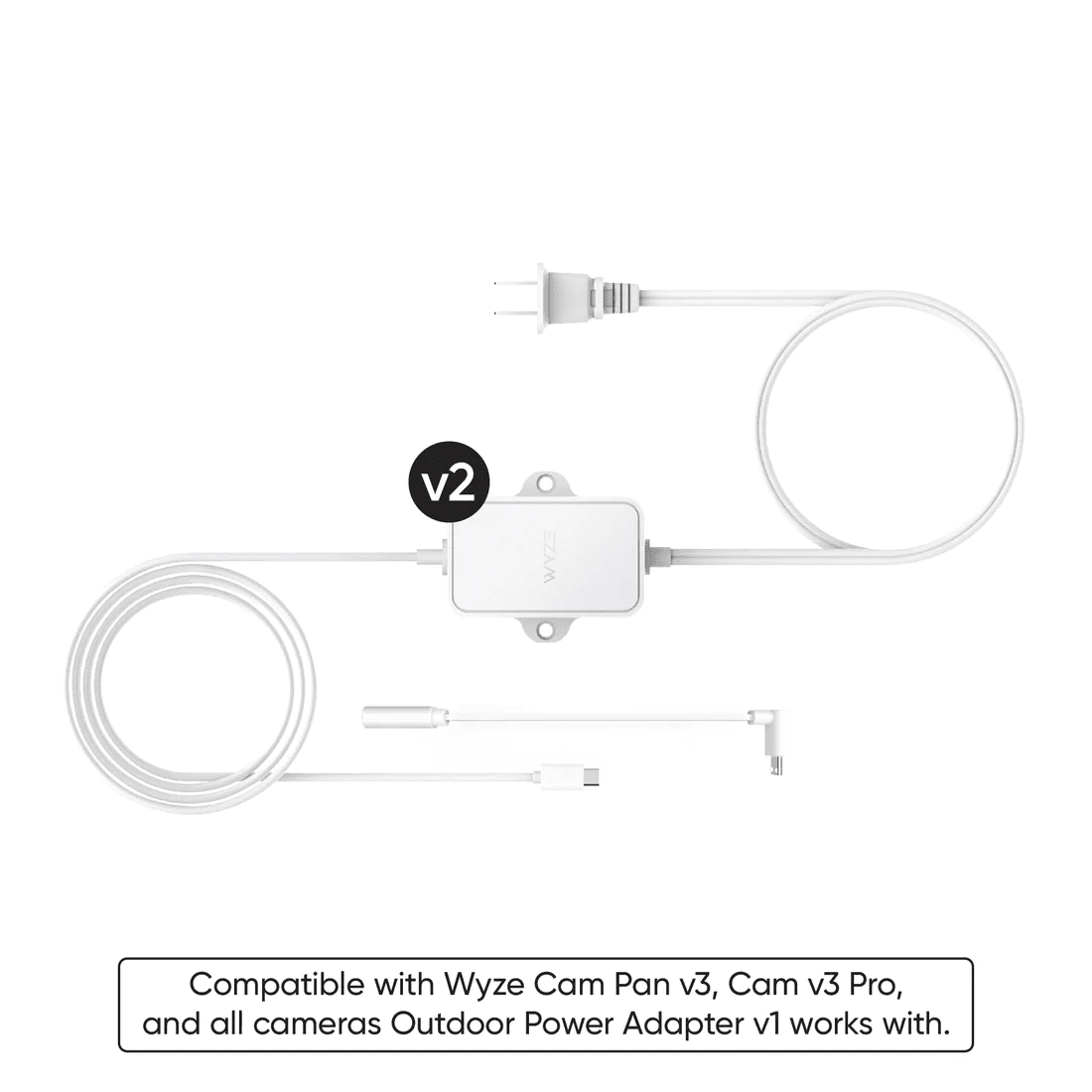 Wyze Cam Power Adapter v2 laid out against a white background.