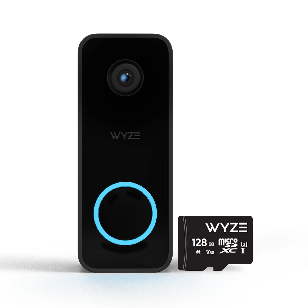 Wyze Video Doorbell v2 with 128 GB MicroSD card next to it