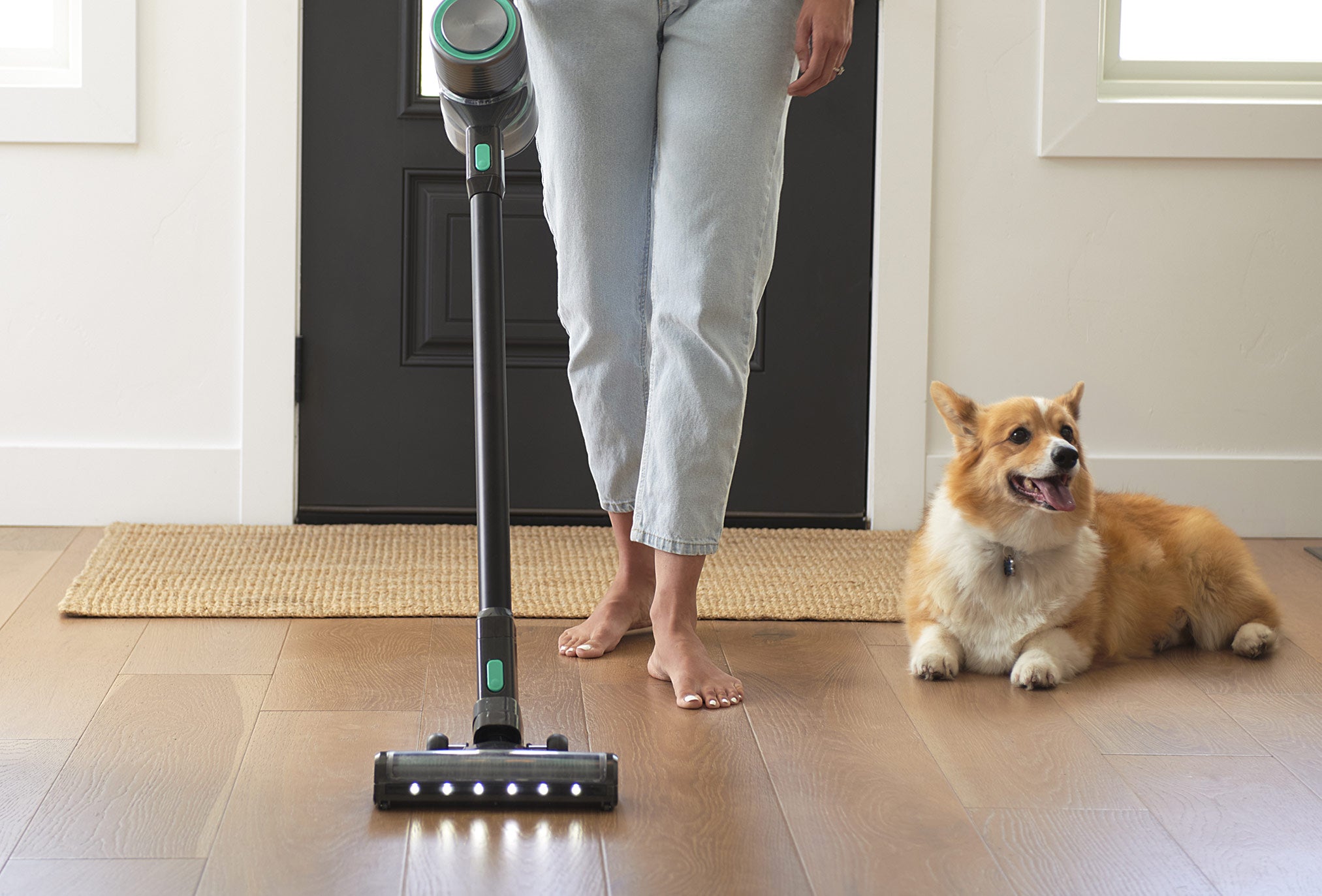 Person using a cordless vacuum with a corgi dog laying on the floor nearby