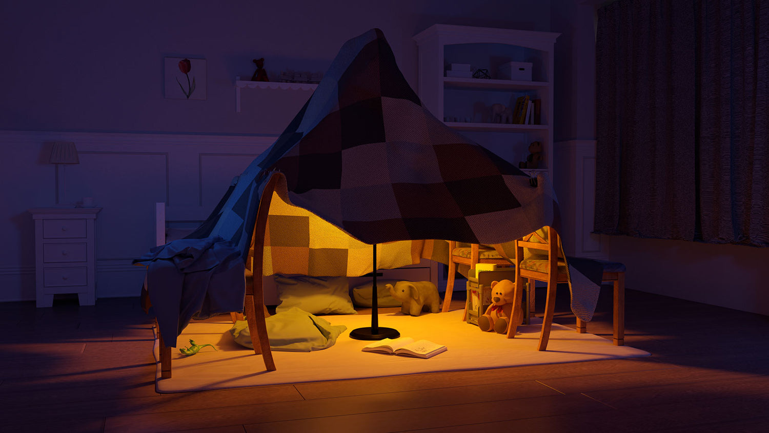 Blanket fort with yellow light