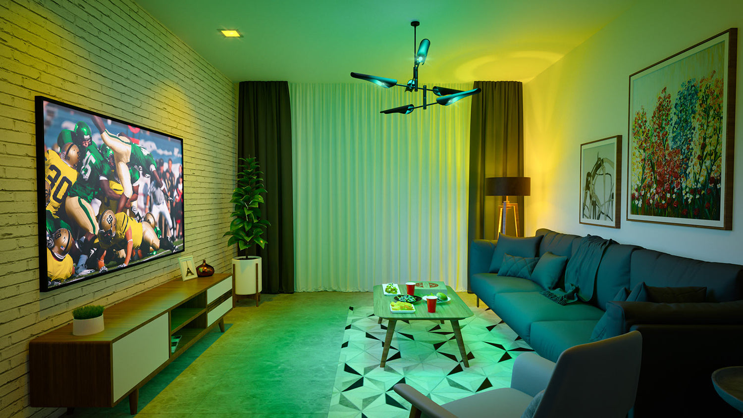 Wyze color bulb lighting living room in green and yellow lighting