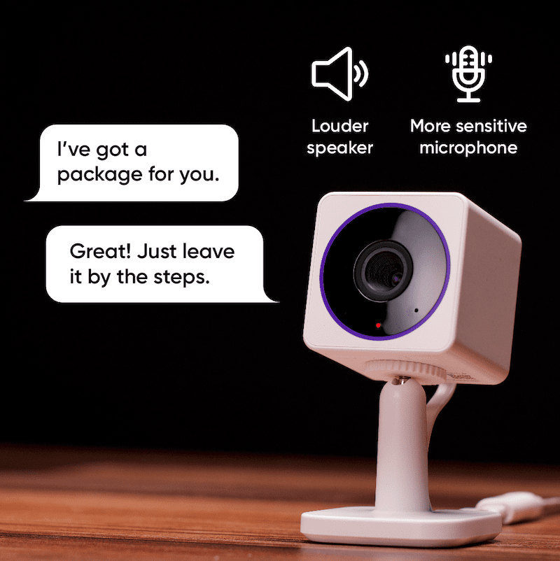 Wyze Cam OG Telephoto standing up on a desktop with text bubbles nearby. Text and icon overlay that represent 2-way audio.