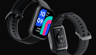 Two smart watches against a black background