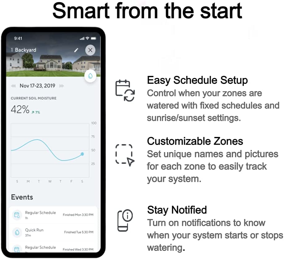 Close up of smartphone with the Sprinkler app open. Black text overlay that says "Smart from the start."