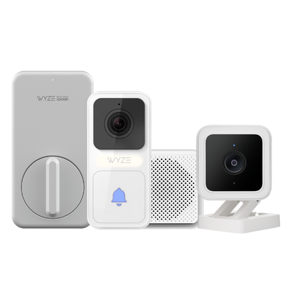 Group of Wyze products that include Wyze Lock, Cam v3, Video Doorbell and chime.