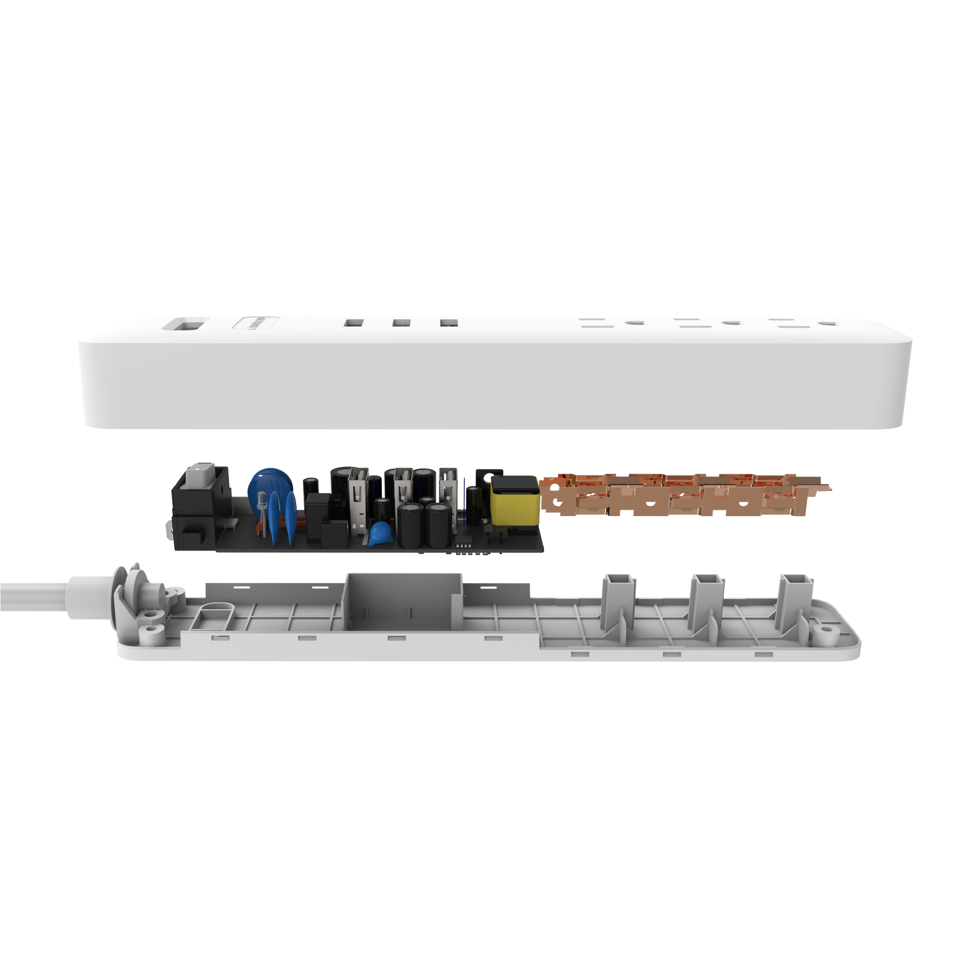 Exploded view of power strip to show the internal components of the product.