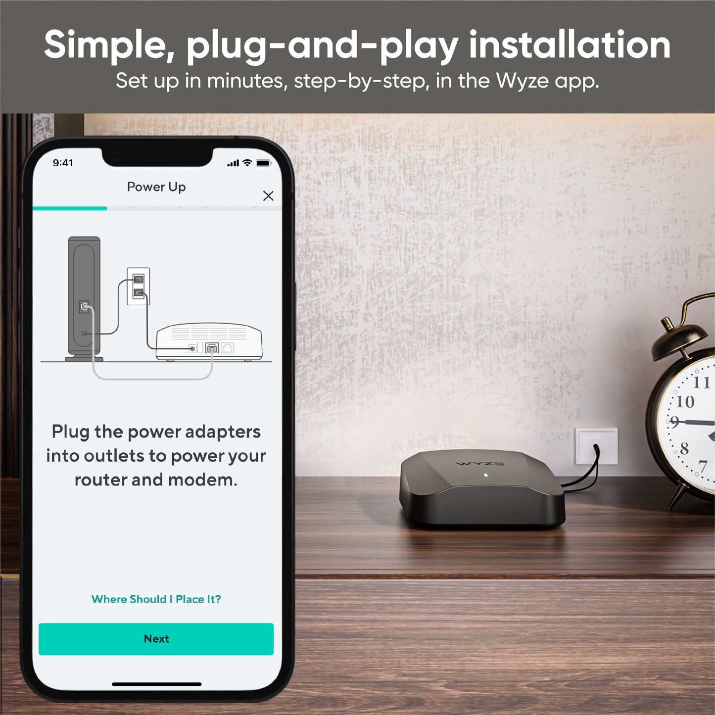 Wyze Mesh Router Pro on a shelf with a superimposed phone screen showing part of the setup process.