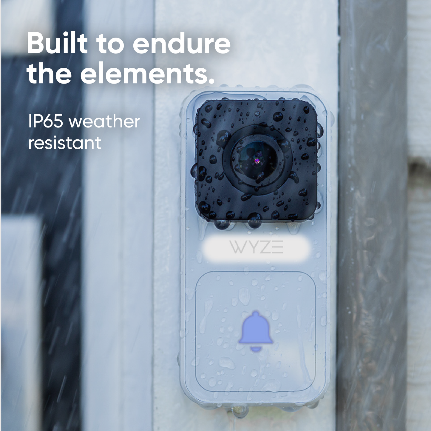 Wyze video doorbell with water droplets. Text overlay "IP65 Weather Resistant."