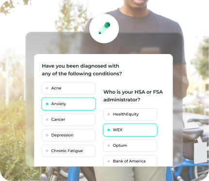 Person using a tablet with a health-related questionnaire on a blurred outdoor background