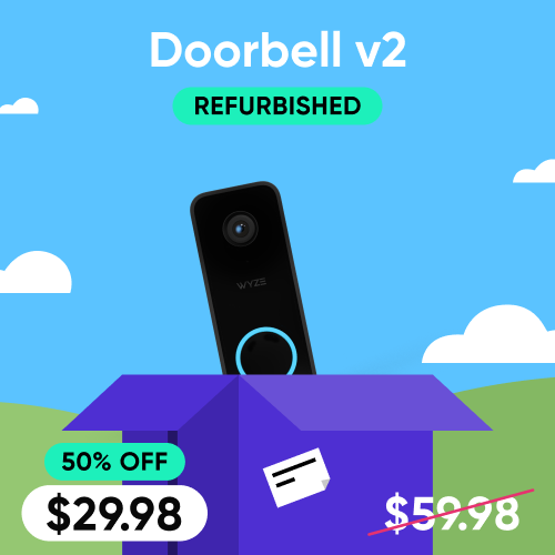 Refurbished Wyze doorbell v2 with discount information on a blue sky and green landscape background.