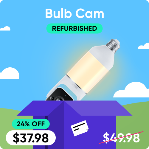 Bulb-shaped camera with 'Refurbished' label and price tag on a blue sky background