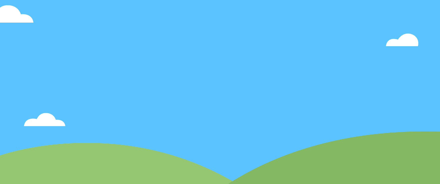 Simplified landscape with green hills and blue sky with white clouds