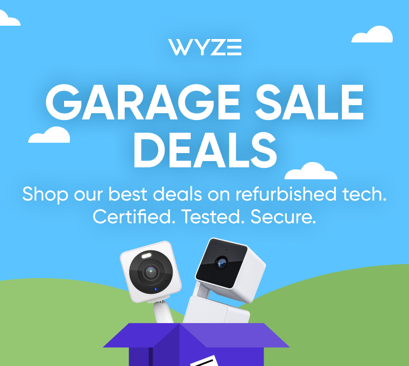 Advertisement for Wyze Garage Sale Deals with two cameras in a box against a blue sky background.