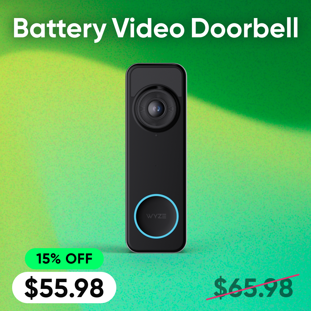 Black battery video doorbell on a green gradient background with promotional text.