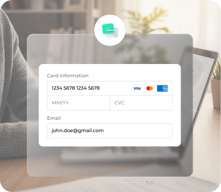 Card information form with Visa and Mastercard logos on a blurred background