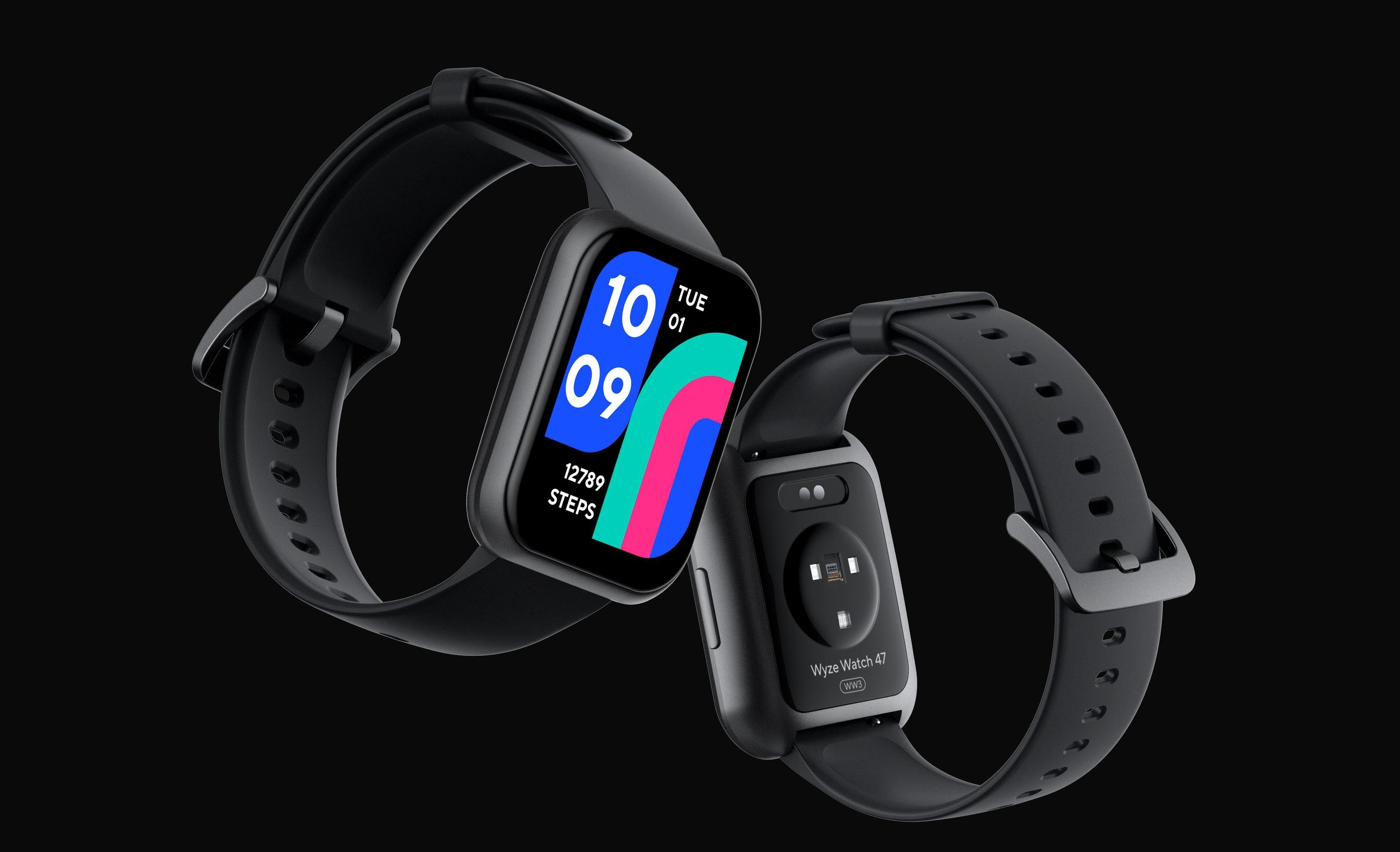 A black watch with a blue face and a rainbow colored strap.