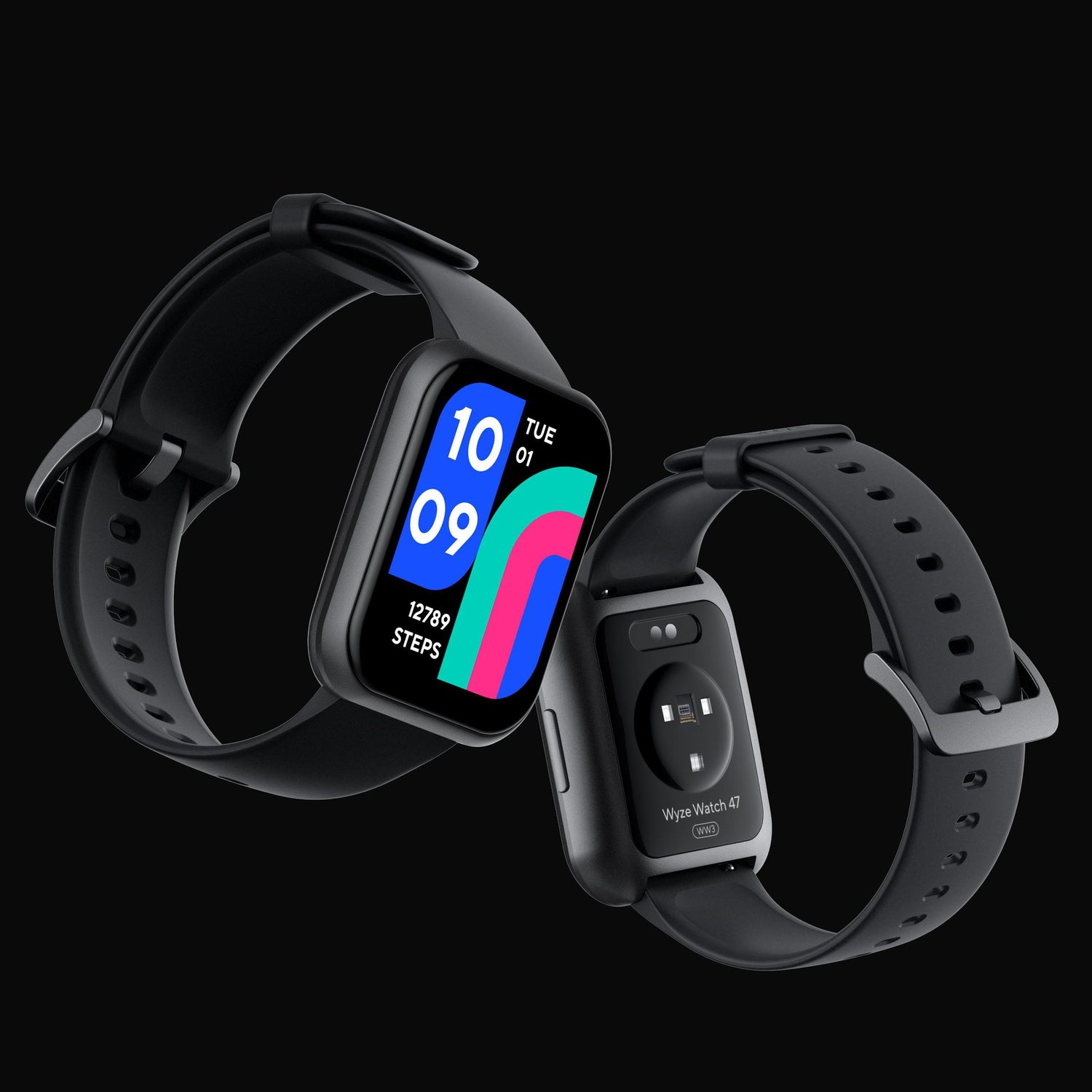 Two Black Wyze Watch 47c. One watch shows watch band and smart digital interface with an app screen open. Second watch shows band and back of the watch face.