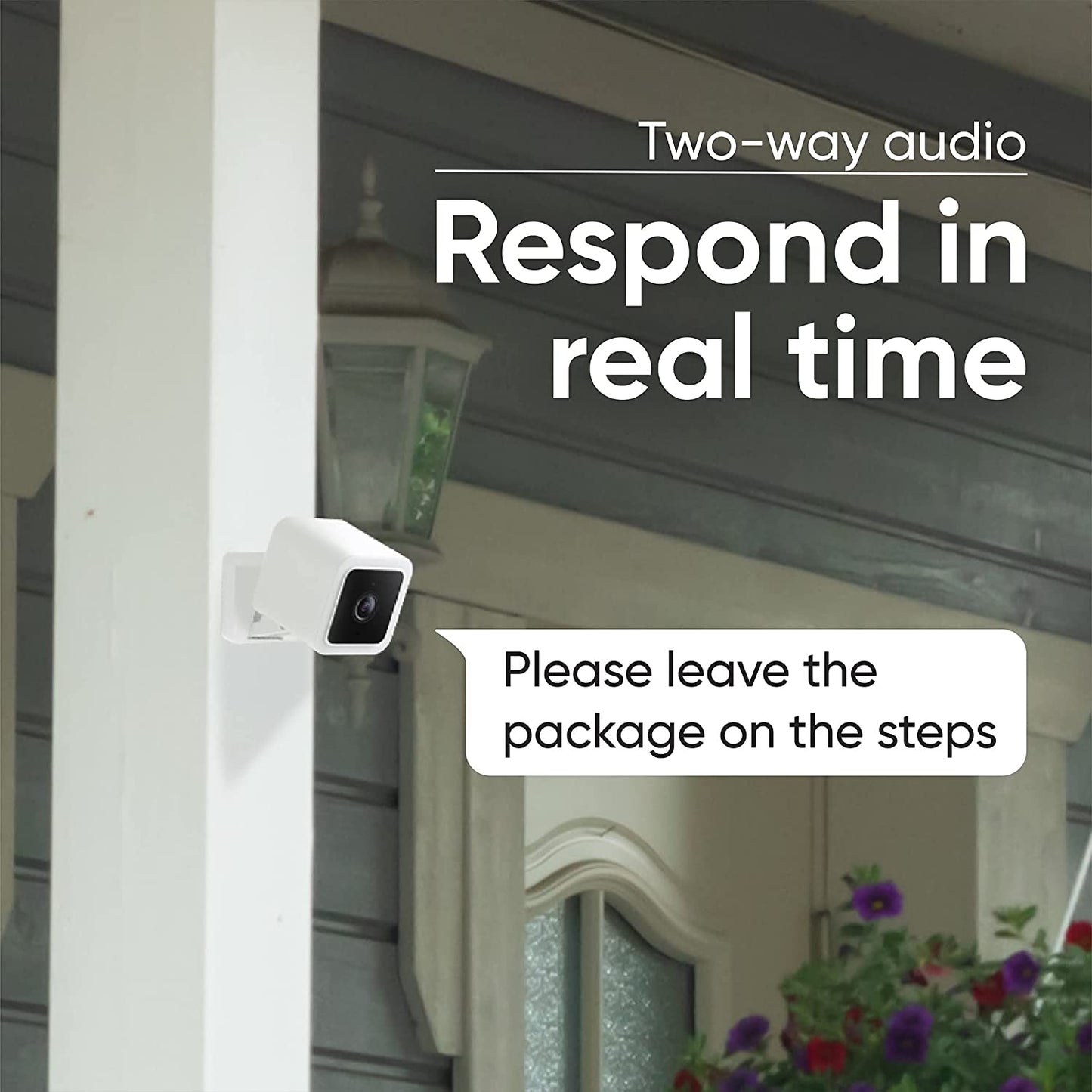 Camera mounted to pillar. Text overlay that says "Two-way audio." showing people can hear you through the camera. 