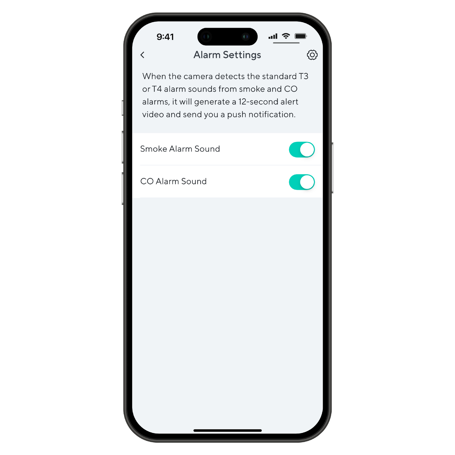 Alarm settings screen with options to toggle notifications for Smoke Alarm Sound and CO Alarm Sound.