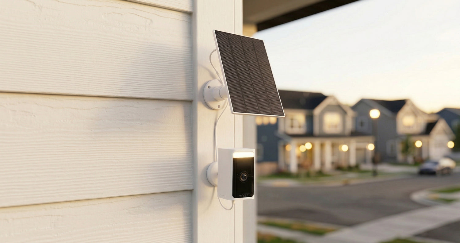 Smart home security camera with solar panel on a house exterior