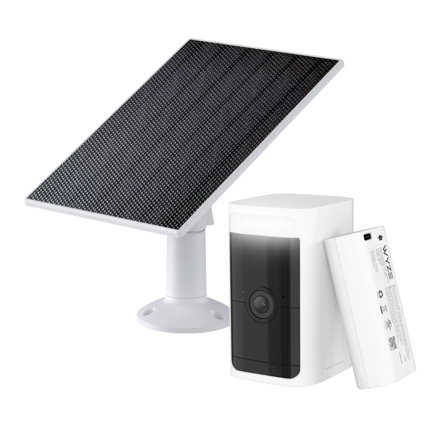 Solar-powered security camera system with solar panel, camera, and remote control on a white background