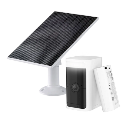 Solar-powered security camera system with solar panel, camera, and remote control on a white background