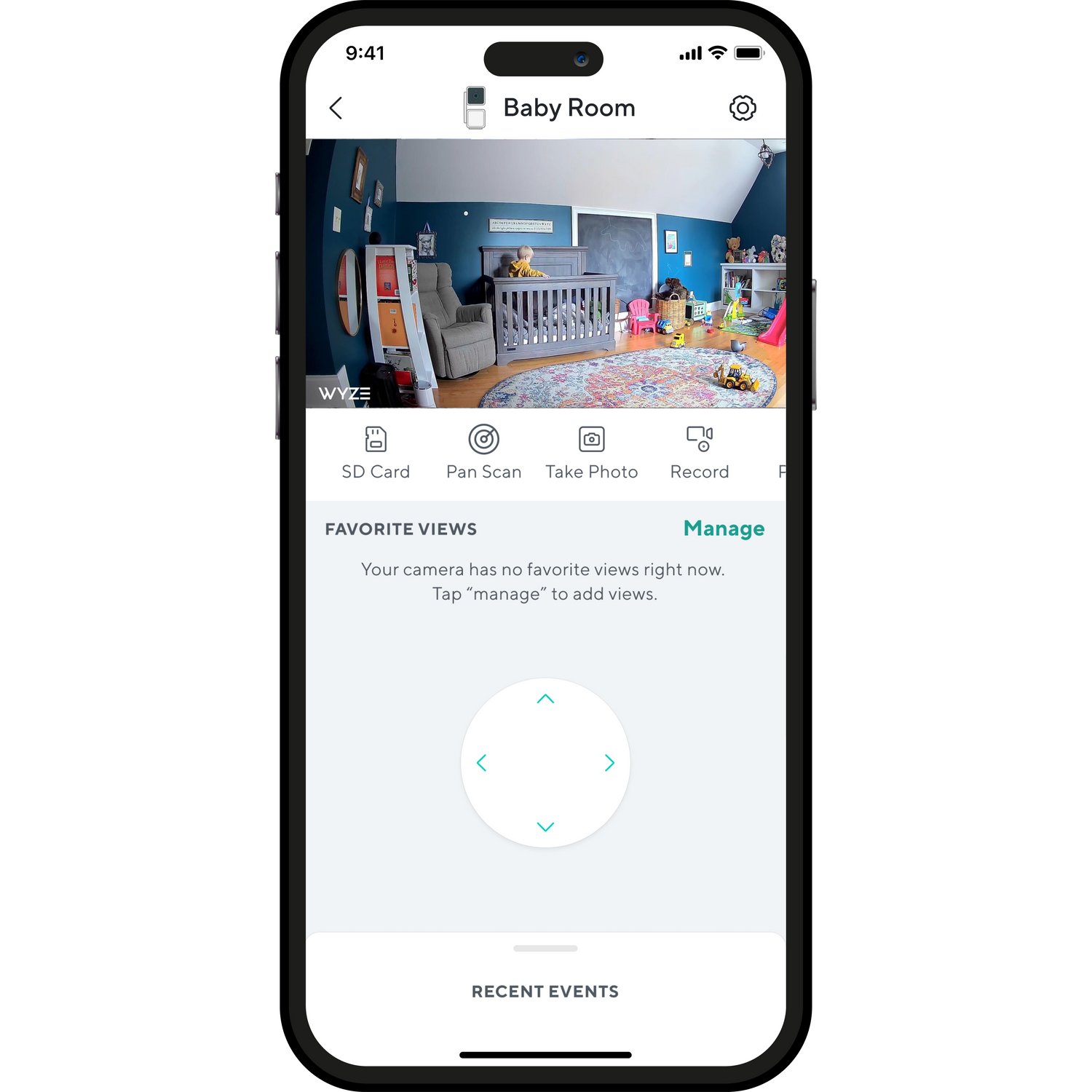 Smartphone with Wyze app open showing live feed of the baby room camera