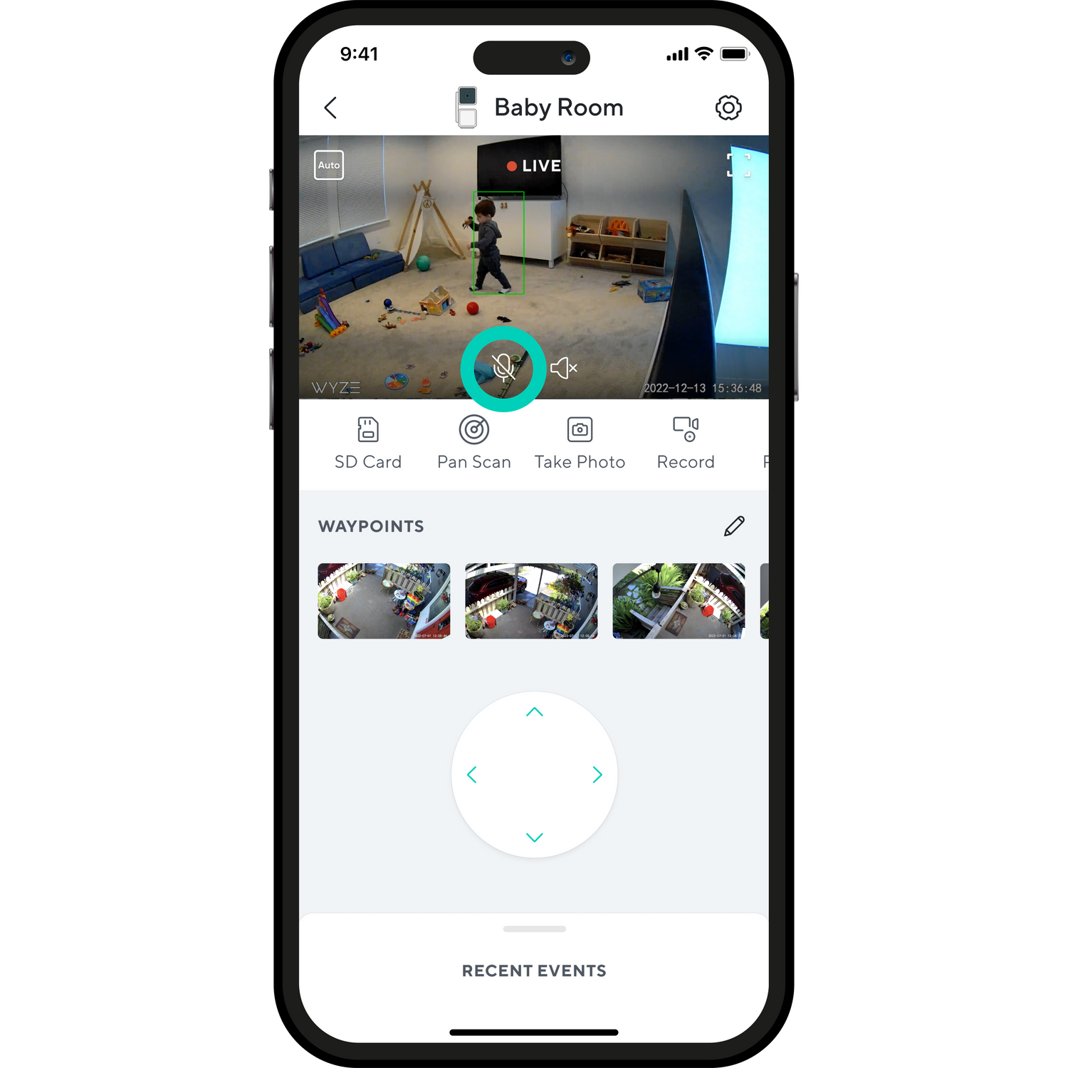 Smartphone with Wyze app open showing live feed of the baby room camera
