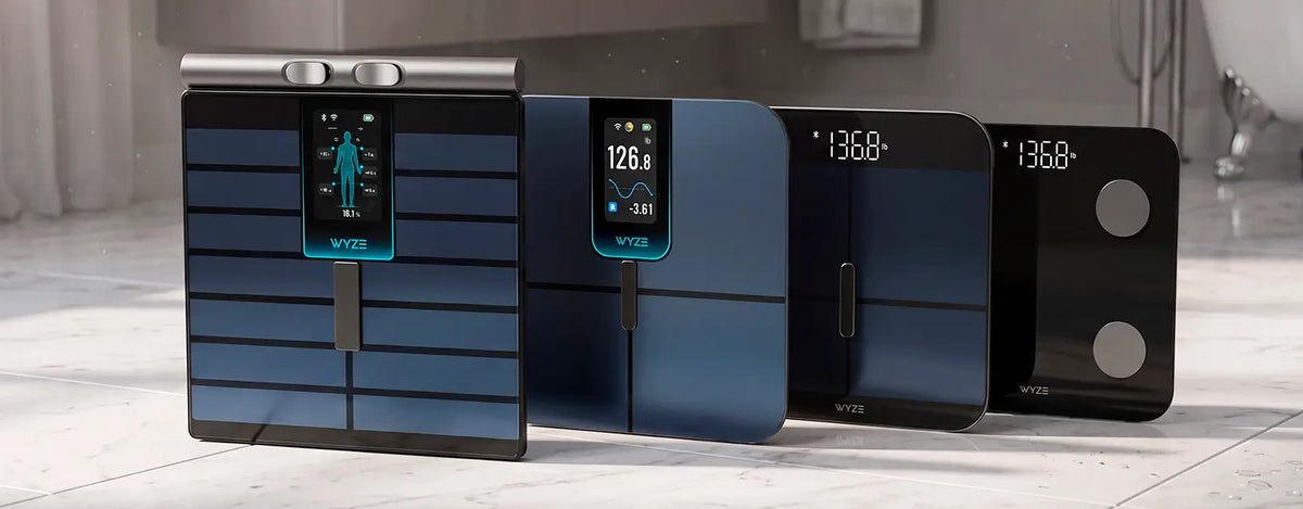 Set of smart scales on a bathroom floor