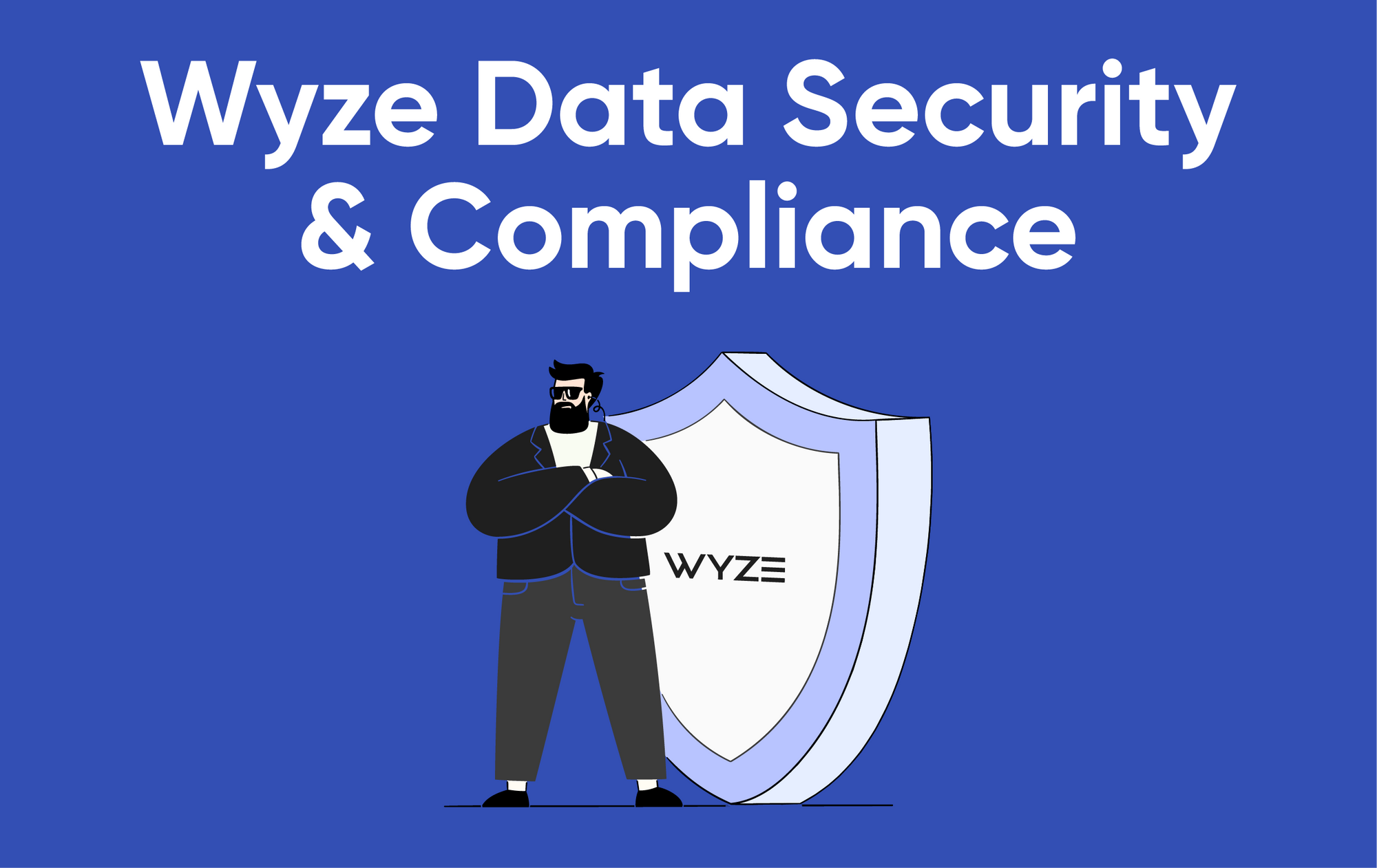 A man in a suit stands in front of a blue and white shield that says Wyze.