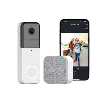 Video Doorbell Pro with Chime and app open on a phone