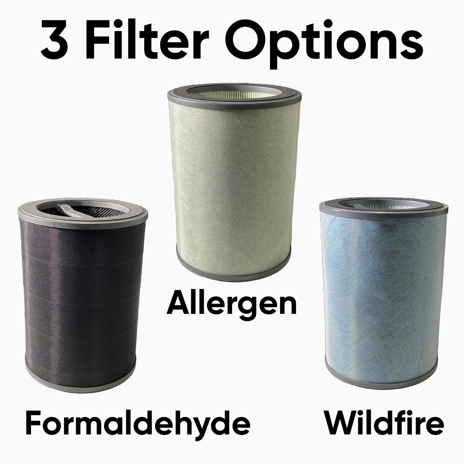 Three filters with different options for allergen, formaldehyde, and wildfire.