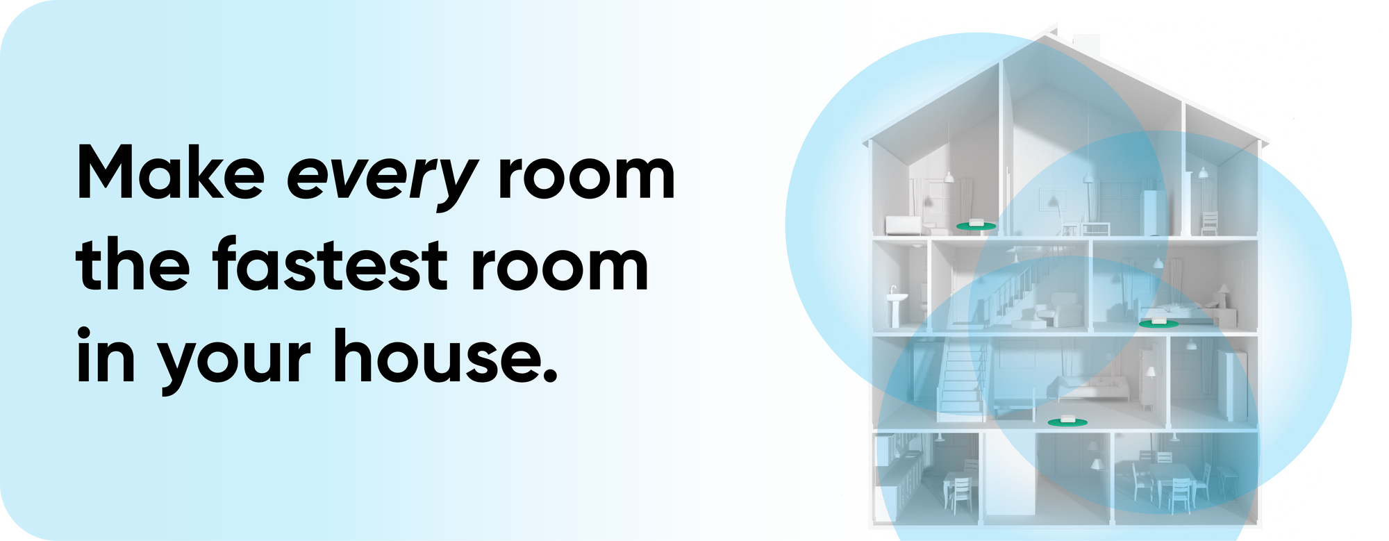 A diagram showing how Wyze Mesh Routers cover a whole home with wall-to-wall coverage.