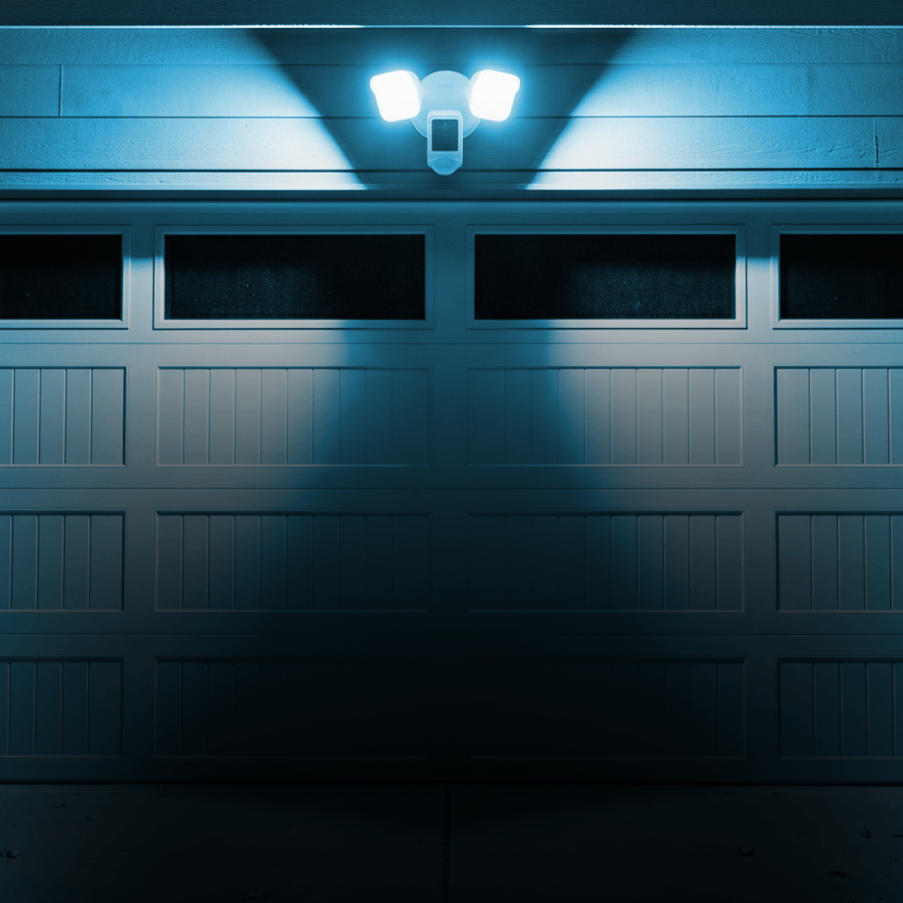 Security light fixture on a garage door at night