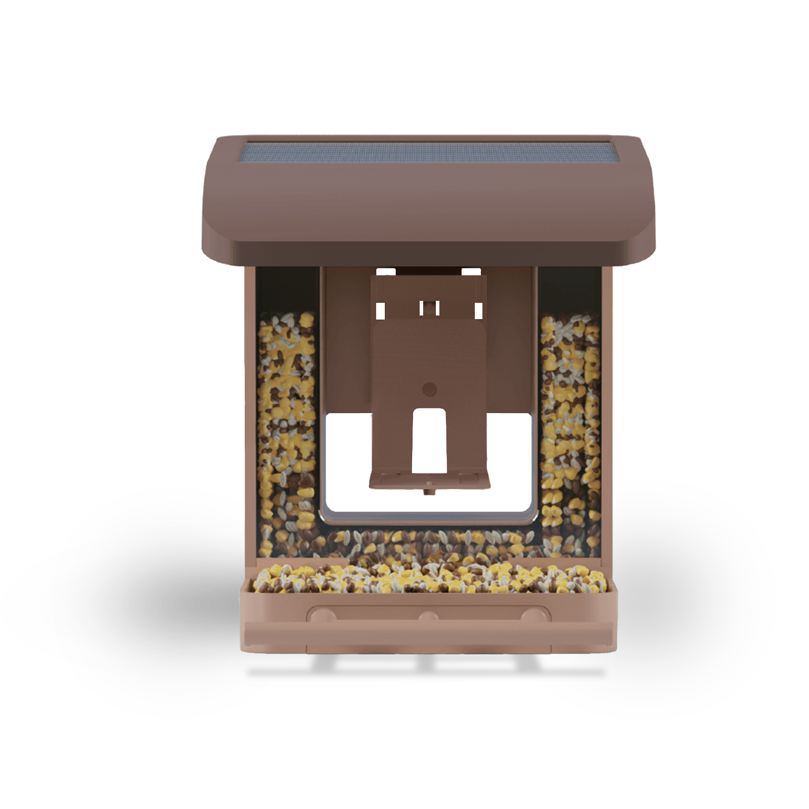 Brown bird feeder with seeds on a white background