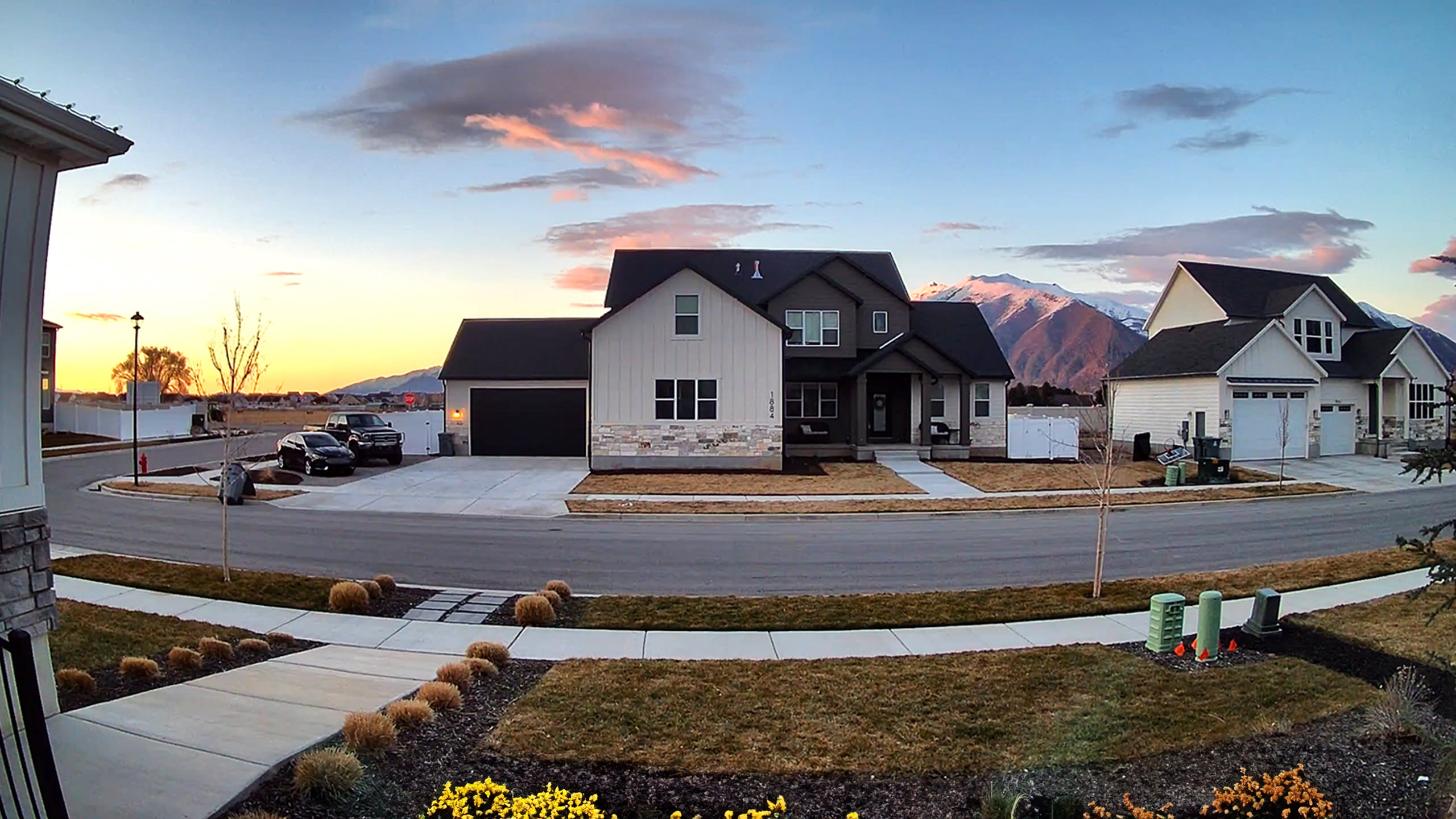 Wyze Cam v4 mounted outdoors, monitoring a home's front yard in vibrant daylight