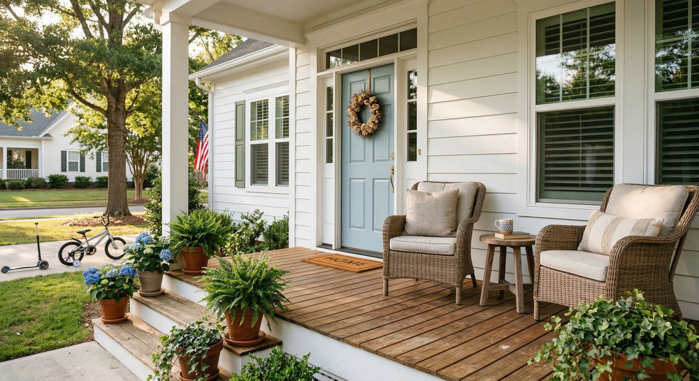 Front porch of a house with wicker chairs, potted plants, and a bicycle.