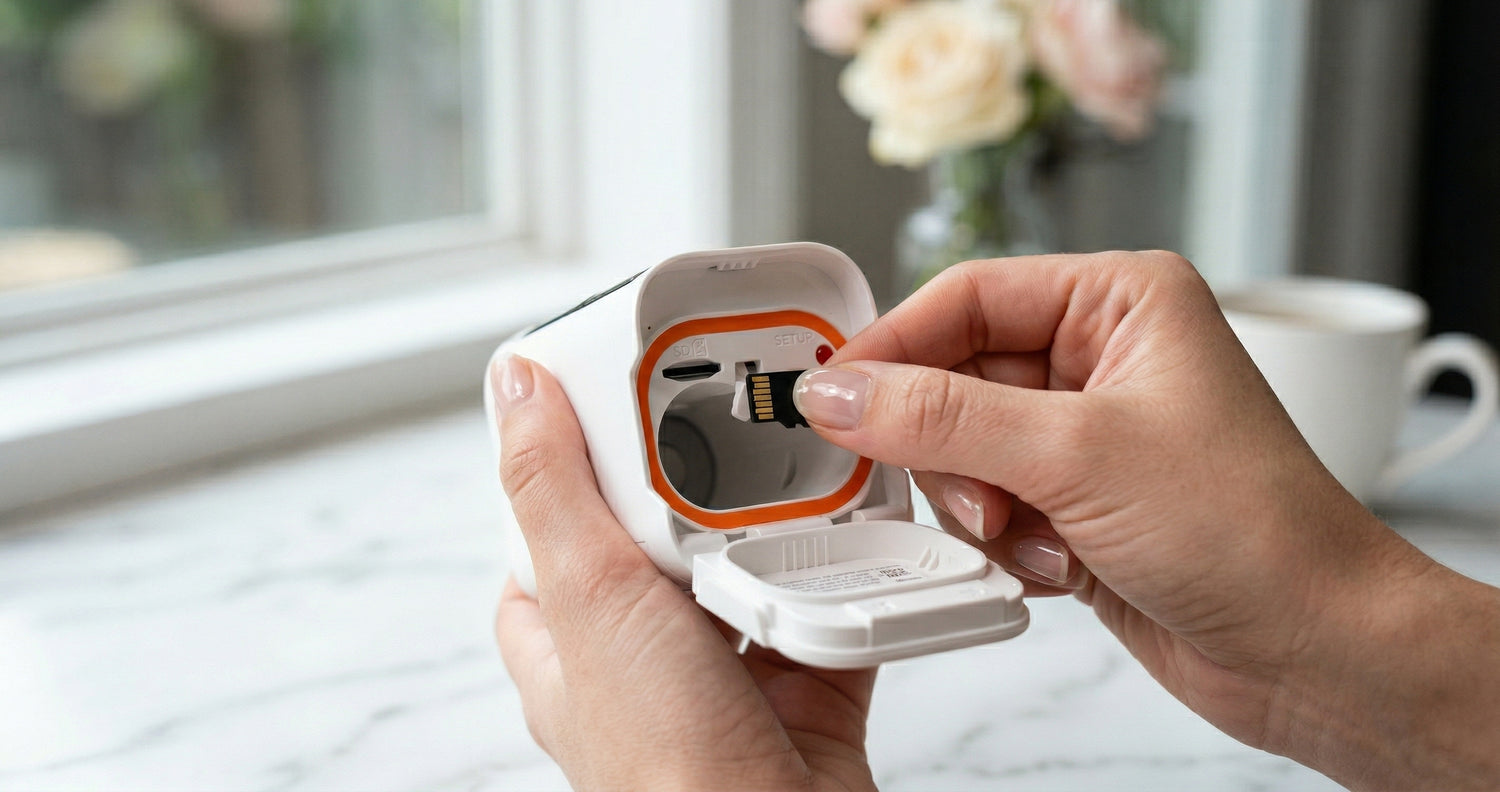 Hand holding a small white device with an open compartment, likely for inserting or removing a microSD card, in a home setting.