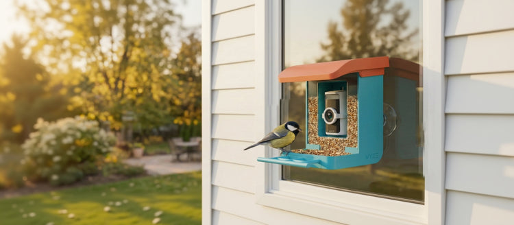 Bird feeder attached to a window with a bird perched on it, set against a garden background.