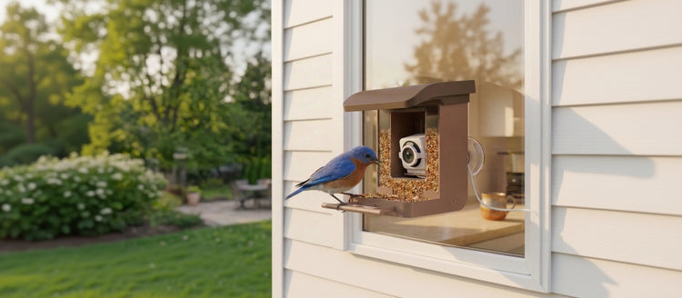 Bluebird perched on a bird feeder attached to a house exterior.