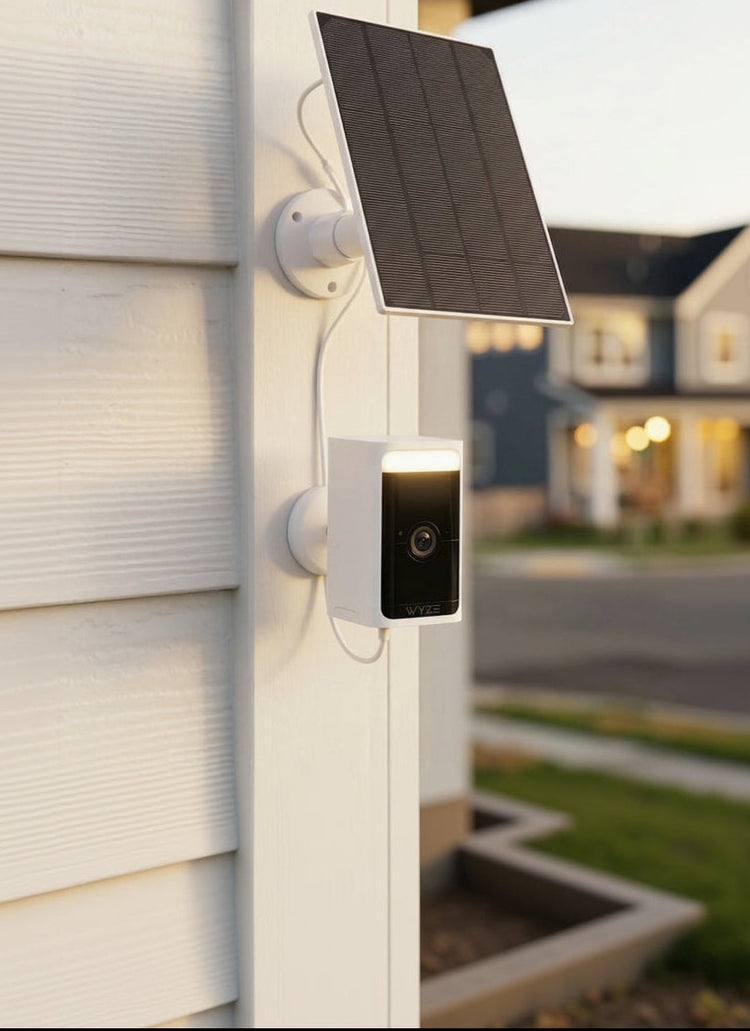 Smart home security camera with solar panel attached to a house exterior.