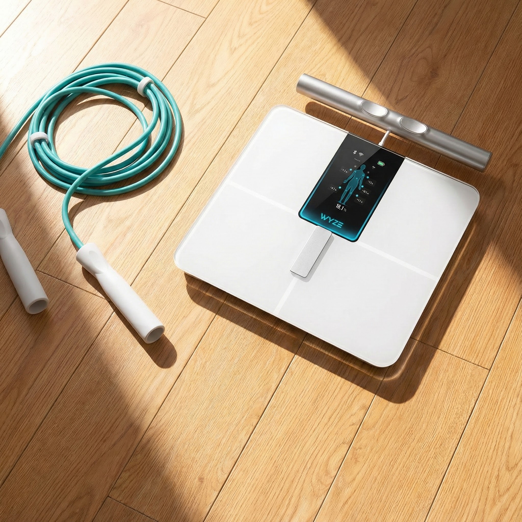 White electronic scale with digital display on a wooden floor, accompanied by a jump rope.
