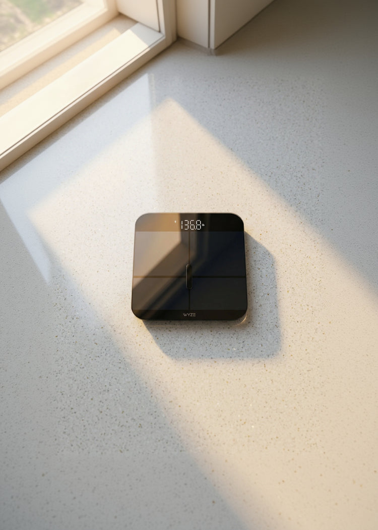 Black digital scale on a light surface with 'WYZZ' branding.