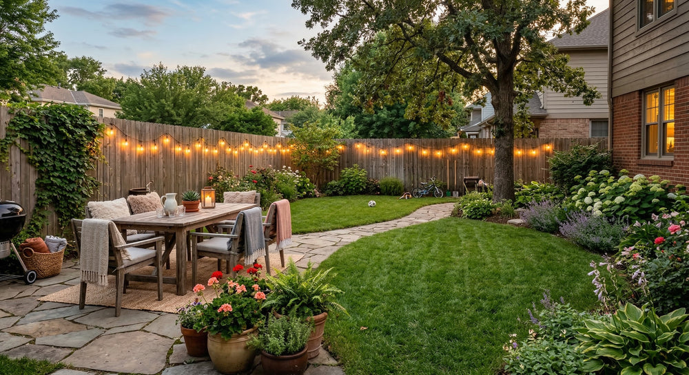 Backyard with outdoor furniture, string lights, and garden plants.